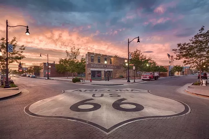 Image: The corner of Second Street and Kinsley Avenue in Winslow, Arizona, is a tribute to the Eagles' "Take It Easy" and Route 66.
