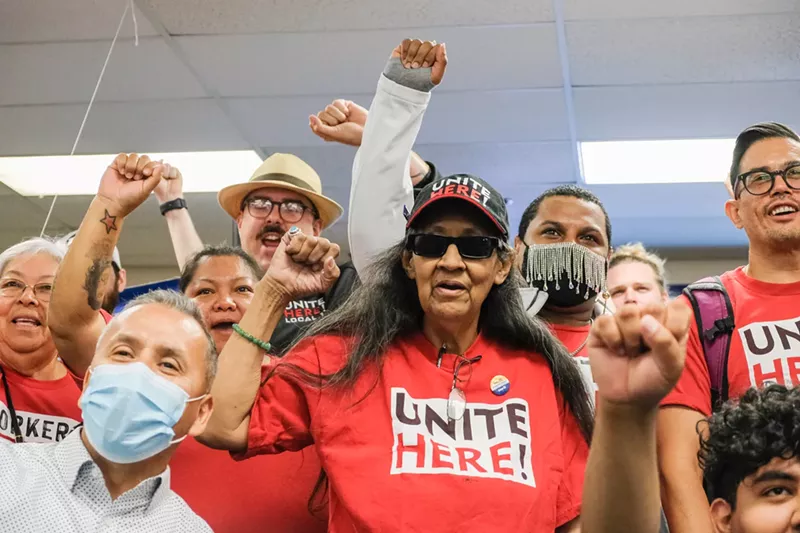 Image: At a union hall in midtown Phoenix, workers rallied for improved working conditions at dispensaries.