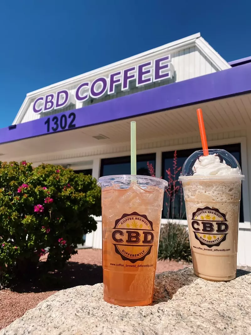 Image: CBD Coffee's fuzzy peach tea with raspberry (left) and the popular toasted marshmallow coffee.
