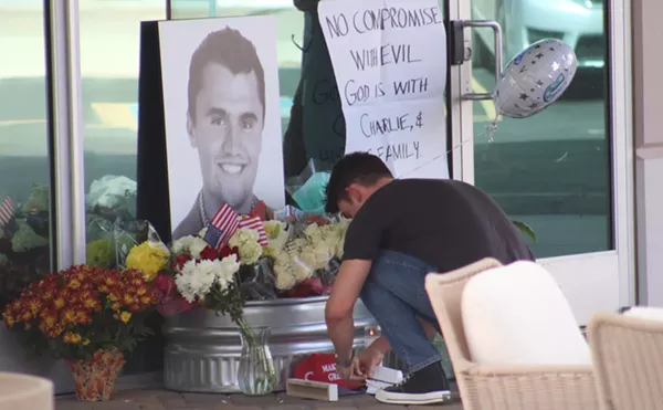Image: Charlie Kirk memorial forms at Turning Point’s Phoenix headquarters