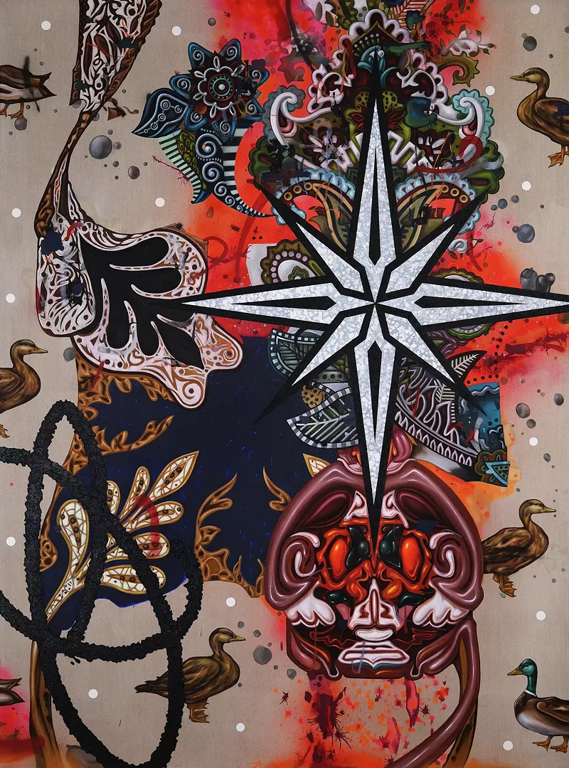 Image: Bill Dambrova, Bound to Form and Tethered to a Flock, 2021, mixed media on canvas, 80 x 108 inches.