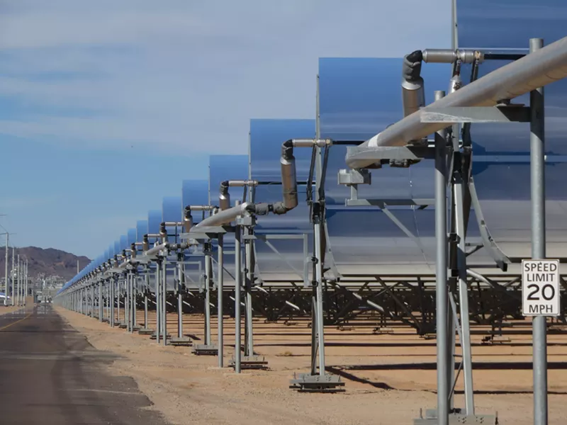 Image: A row of parabolic mirrors at the Solana Generating Station near Gila Bend.