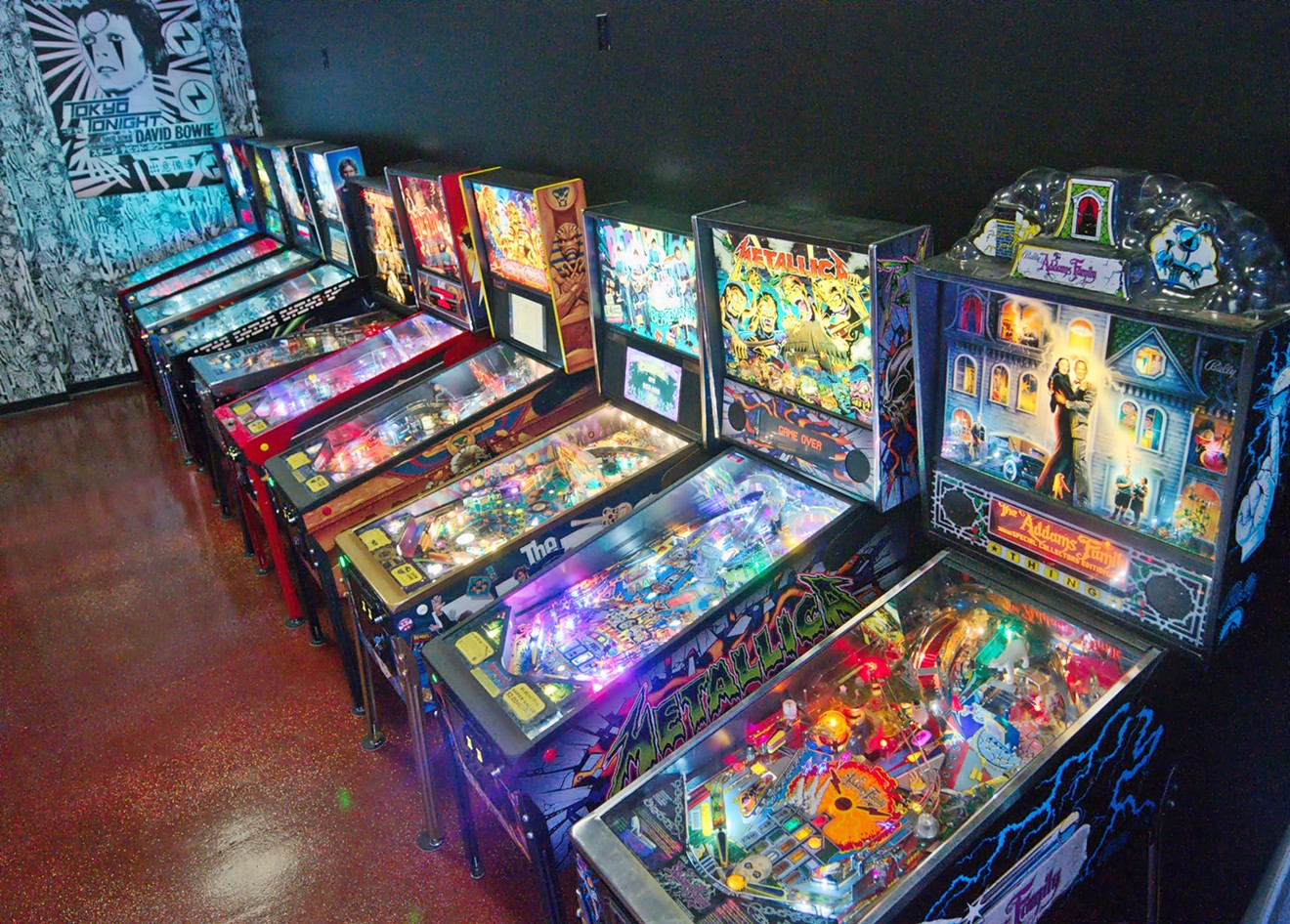 A row of pinball games inside Stardust Pinbar.