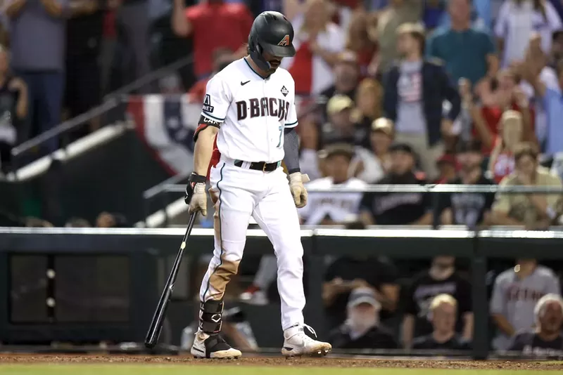 Image: Corbin Carroll of the Arizona Diamondbacks bats during a crushing ninth-inning letdown on Wednesday at Chase Field.