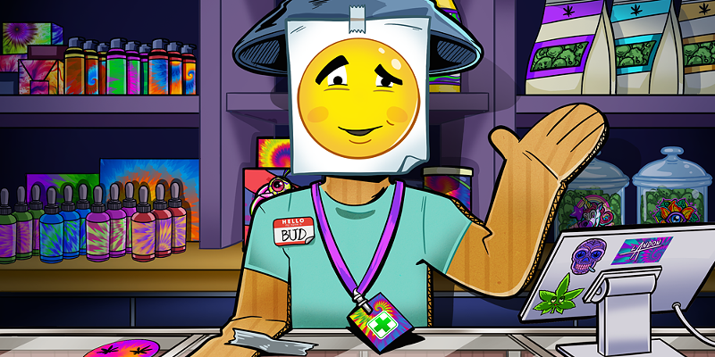 Image: an illustration of a cardboard budtender with a quizzical look on its face