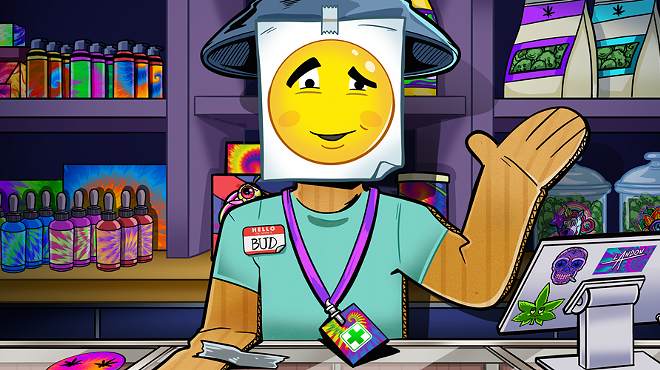 an illustration of a cardboard budtender with a quizzical look on its face