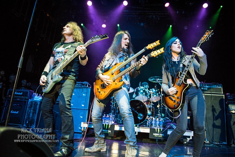 Alex Snowden on stage with Dave Ellefson and Ron "Bumblefoot" Thal