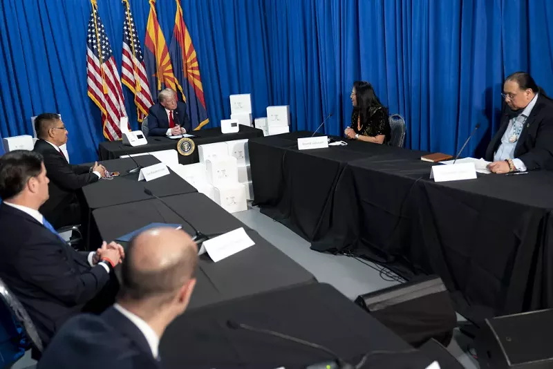 Image: Arizona Governor Doug Ducey, seen here at the May 5 meeting with Trump, refuted the idea that he had anything to do with disbanding a team of university modeling scientists.