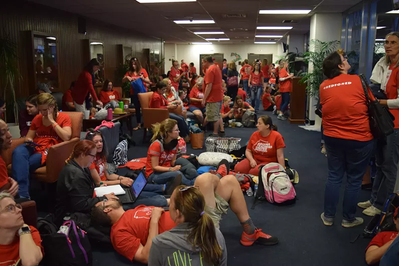 Image: Teachers camped outside of the Senate gallery on Wednesday prior to an 8 p.m. session on the 2019 budget.