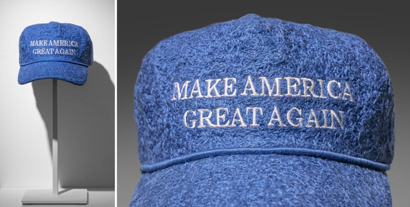 Ann Morton, Blue MAGA, official "Donald J. Trump Make America Great Again Hat — Red Red Cap/Red", blue embroidery floss, 8 x 10.5 x 6 inches, unique.