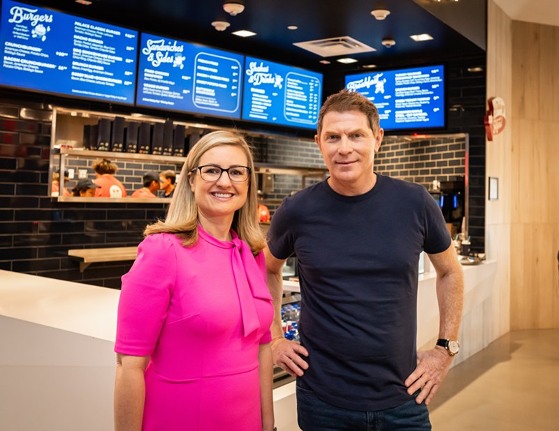 Phoenix Mayor Kate Gallego and Chef Bobby Flay at the grand opening of Bobby's Burgers in Terminal Four.