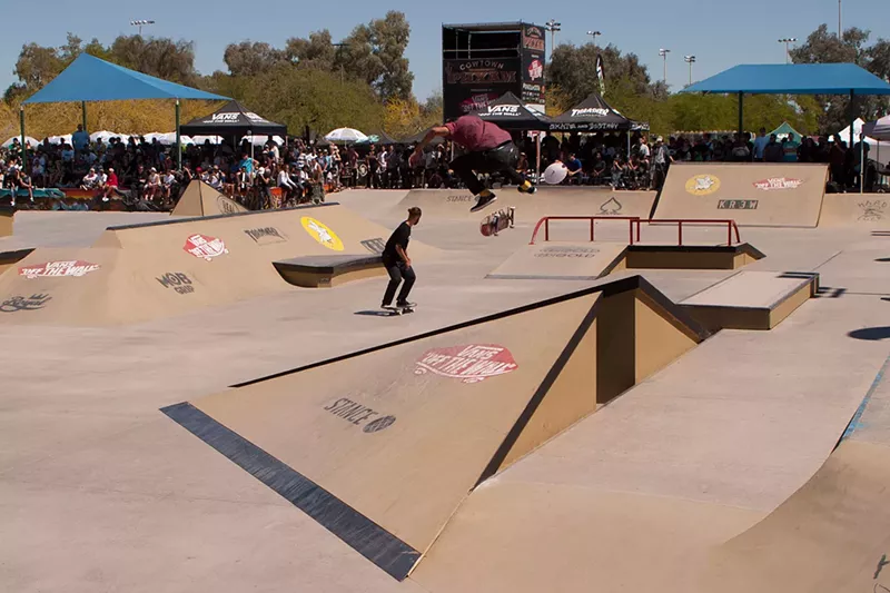Image: Bryant Chapo during a massive kickflip at the 2016 PHXAM. The 2017 PHXAM tournament is March 25 and 26 at Desert West Skateboard Plaza.