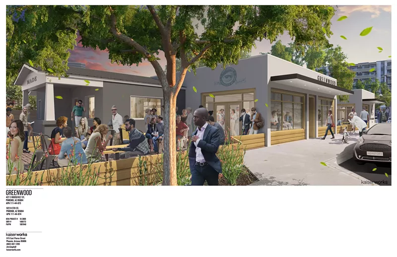 Image: Rendering showing planned changes for the Eye Lounge building in Roosevelt Row.