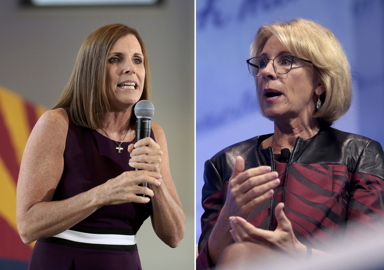 Left: Congresswoman Martha McSally campaigns for the Senate at an event in Gilbert earlier this month. Her campaign has received tens of thousands of dollars from the family of Education Secretary Betsy DeVos, according to a new report.