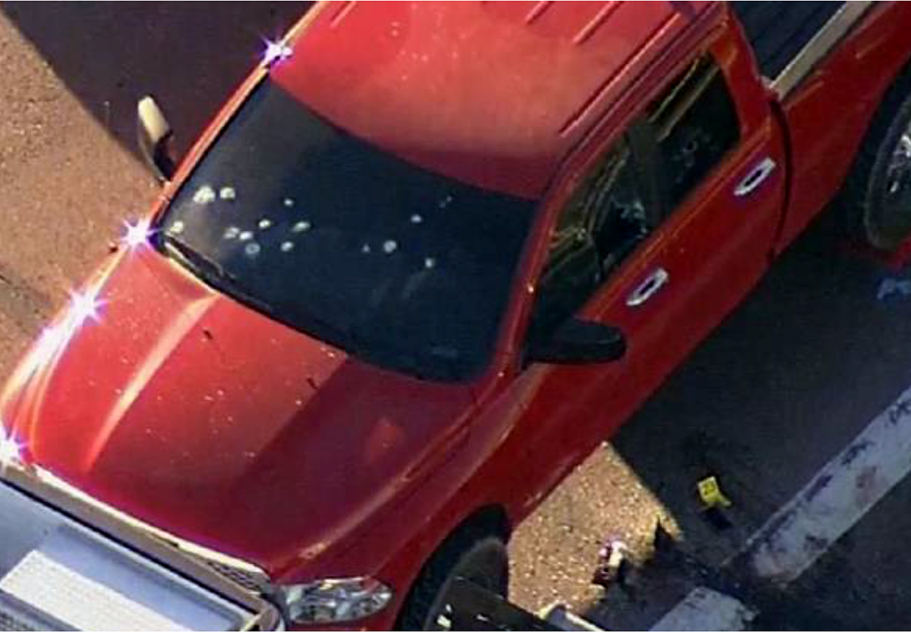 Duval's bullet-ridden truck after law enforcement allegedly shot her during a traffic stop last summer.