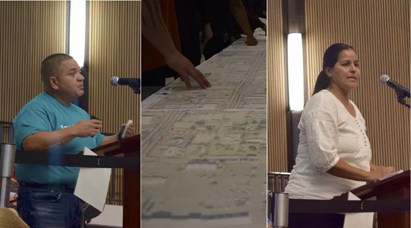 Image: Left: Johnny Hernandez, a light rail supporter, addresses the Phoenix City Council. Celia Contreras, right, is leading an effort to halt the light rail's planned extension to south Phoenix.