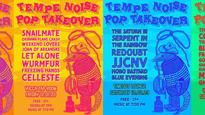 Colorful flyers for a music festival with names of bands on them.