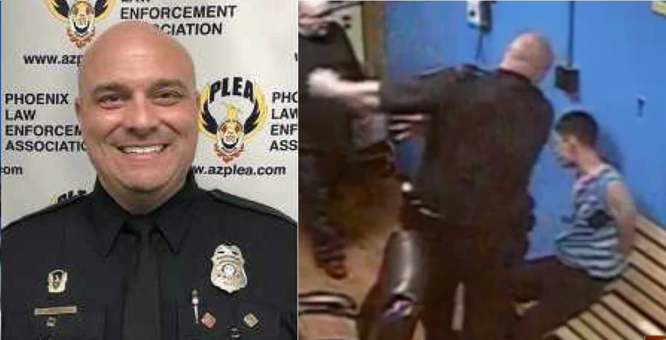 Tim Baiardi and a screenshot from the video of Baiardi slapping a handcuffed man.