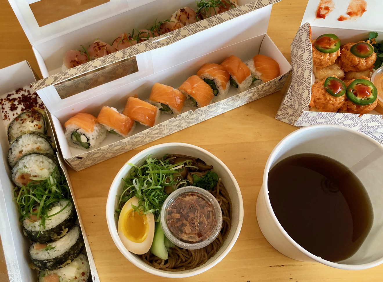 Some well-packaged takeout from Daruma sushi/roll/noodle.