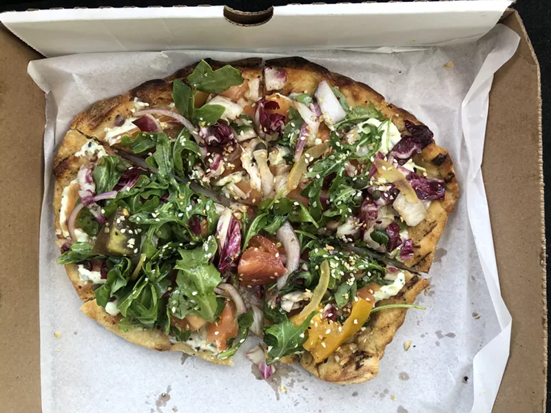 Image: Smoked salmon "everything" flatbread, decked with colorful produce.