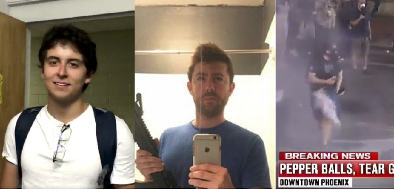 From left: Northern Arizona University student gets a Seinfeld entrance to a buddy's dorm room; Phoenix resident Jonathan Pring announces on Facebook that he's giving up his guns after the Las Vegas tragedy; a demonstrator at the Trump rally is hit in the groin with a projectile.