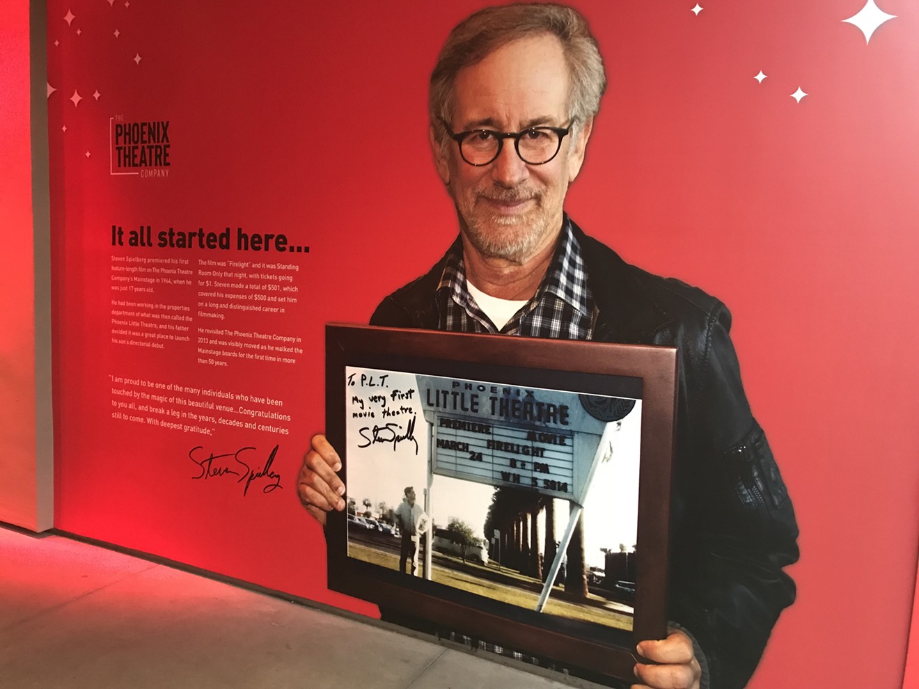 Steven Spielberg has deep roots in Phoenix, seen here celebrated by a temporary display near the box office for Phoenix Theatre Company.
