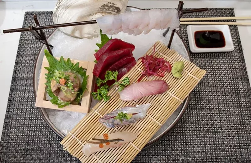 Image: Monkfish liver with snapper, Spanish mackerel, and yellowtail from Sushi Nakano