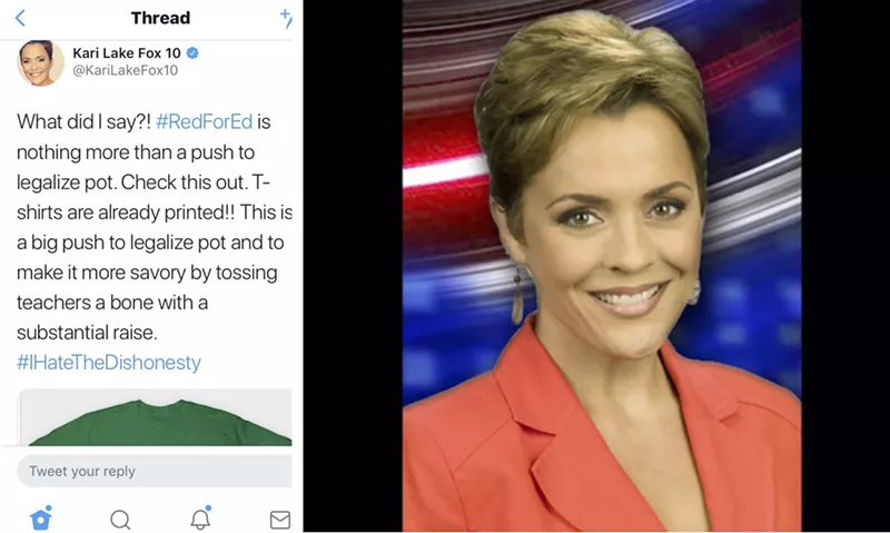 Image: On Tuesday, Fox 10 Phoenix television host Kari Lake threw out the theory that the #RedForEd movement is actually about legalizing marijuana.