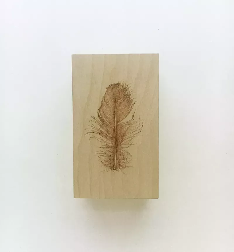 Image: Found Feather, Number 14 (Found on 4.24.17 at Granada Park), Wood Burning, 3 x 5 in., 2017
