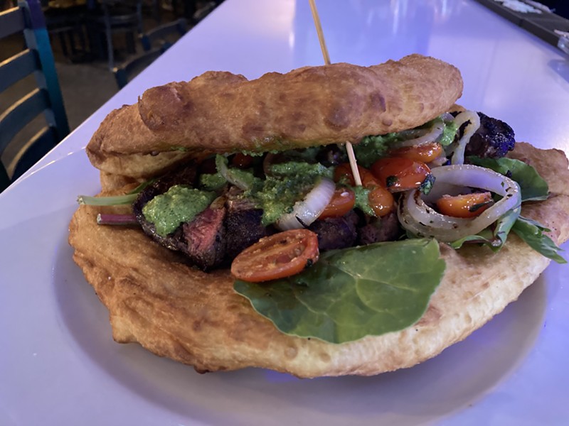 The Bison Ribeye Sandwich at Frybread Lounge.