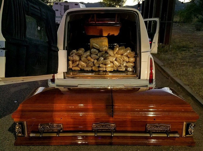 Border Patrol agents found 68 pounds of marijuana in a coffin inside a hearse on Saturday. The hearse owner, Christian Zuniga, told agents that the funeral business had been "slow."