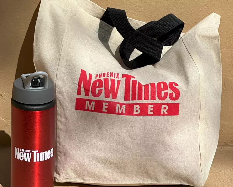 Image: a Phoenix New Times tote bag and red water bottle