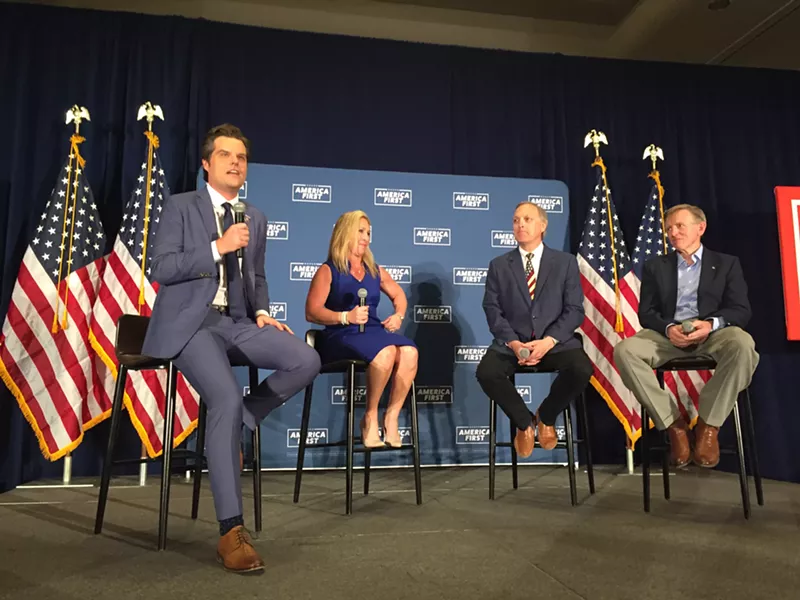 Image: From left to right: Representatives Matt Gaetz, Marjorie Taylor Greene, Andy Biggs, and Paul Gosar