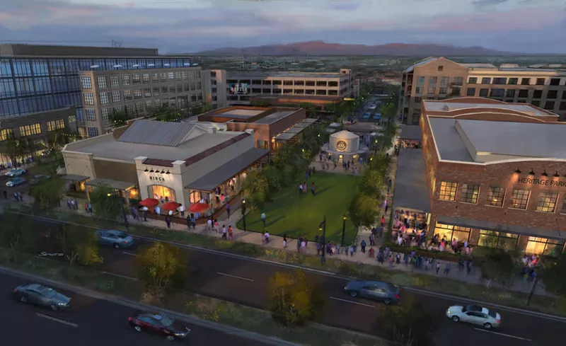 Image: A rendering of Heritage Park, the 10-acre development coming to downtown Gilbert. The development will feature residences, shopping and dining, including three concepts from Flagship Restaurant Group.