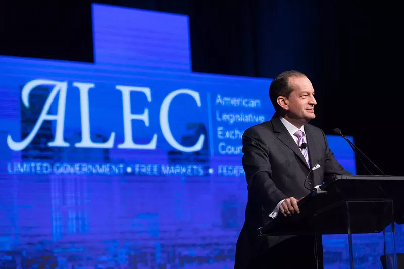 Image: Then-Labor Secretary Alex Acosta gives a speech at the ALEC's 2017 annual conference in Denver.