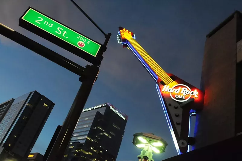 Image: The guitar-shaped sign for the Hard Rock Cafe in downtown Phoenix.