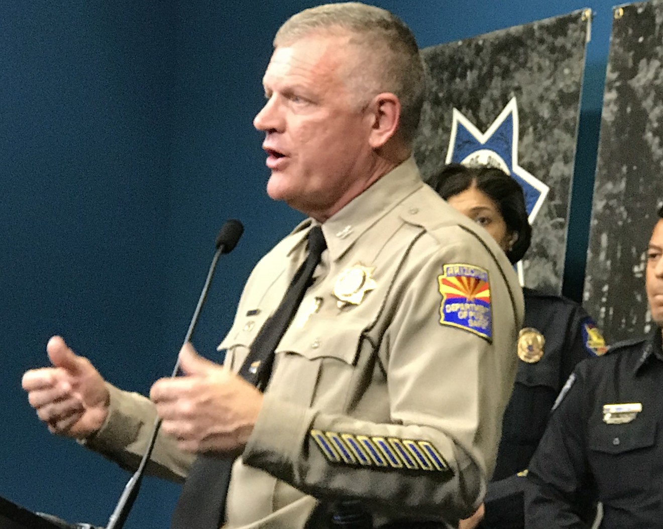Arizona Department of Public Safety Director Col. Frank Milstead explains the rash of recent gun violence on Interstate 10 at a November 29, 2017, press conference.