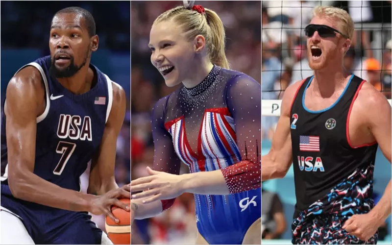 Image: Kevin Durant, Jade Carey and Chase Budinger