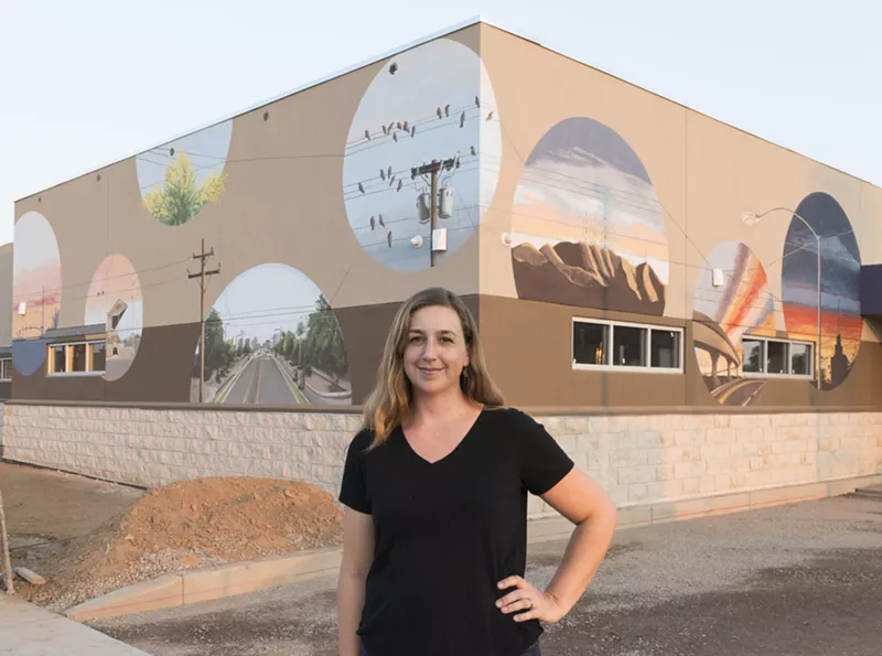 Image: Laura Spalding Best with her new Convergence mural at Grand Avenue and Roosevelt Street.