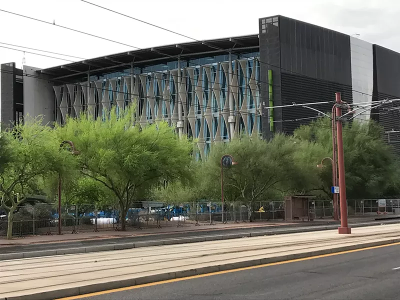 Image: Looking southeast towards Burton Barr Central Library from across the light rail tracks.