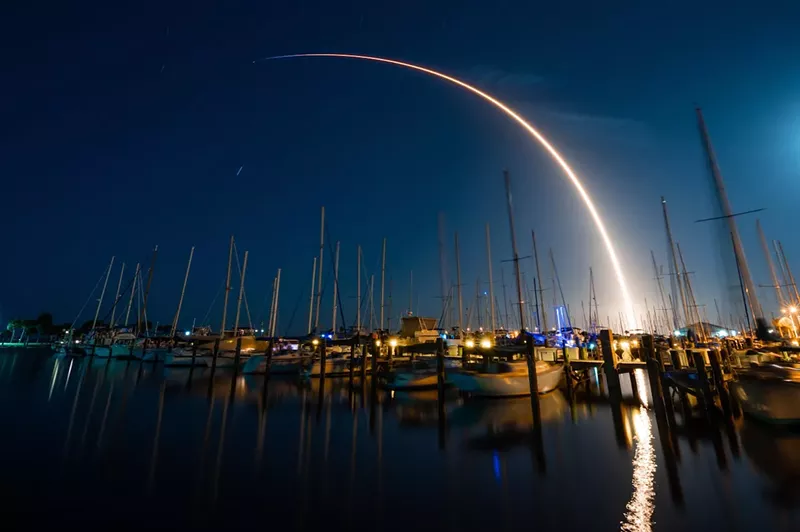 Image: A long exposure of a SpaceX Starlink launch from Cape Canaveral Space Force Station in Florida in April 2021.