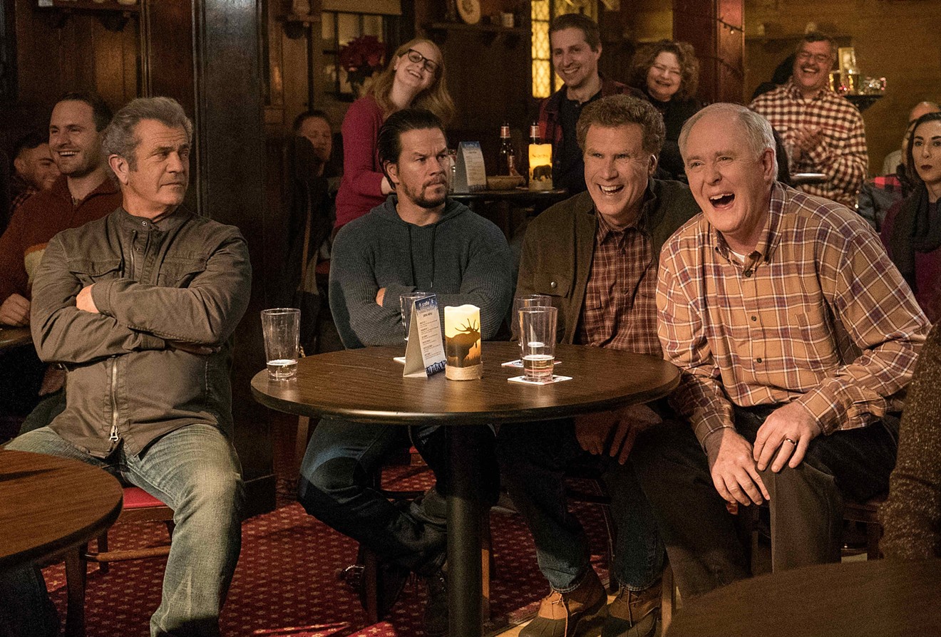 Guess who really shouldn't be one of the guys: Mel Gibson (left) appears in Daddy's Home 2 with Mark Wahlberg (second from left), Will Ferrell, and John Lithgow (right).