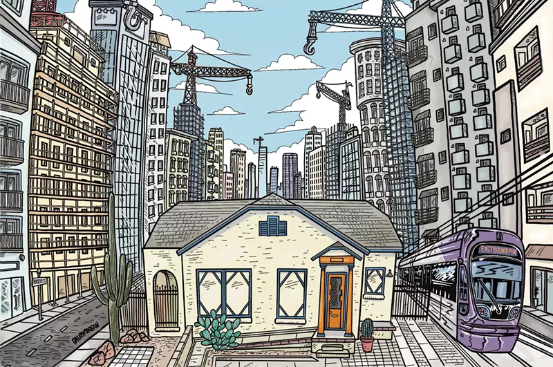 Image: an illustration of a small, phoenix-style house amid construction in a big city