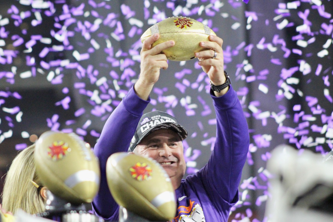 TCU head coach Sonny Dikes celebrates after the Horned Frogs won the Fiesta Bowl on December 31.