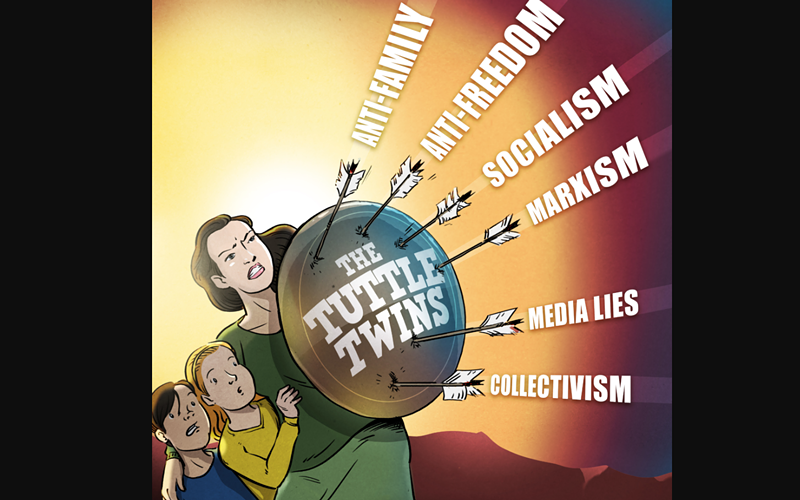 An illustration on the website of the Tuttle Twins books, which push right-wing and libertarian ideologies and compare social safety net programs to theft.