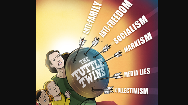A cartoon mom holding a shield against arrows labeled "anti-family," "media lies," "anti-freedom," "collectivism," "socialism" and "marxism"