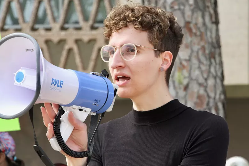 Image: Jeanne Woodbury with megaphone