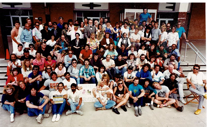 Image: The cast and crew of Bill & Ted's Excellent Adventure at the now-demolished East High School — a half-mile from Honey Bear's BBQ.