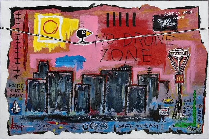 Image: No Drone Zone, acrylic and found object on canvas.