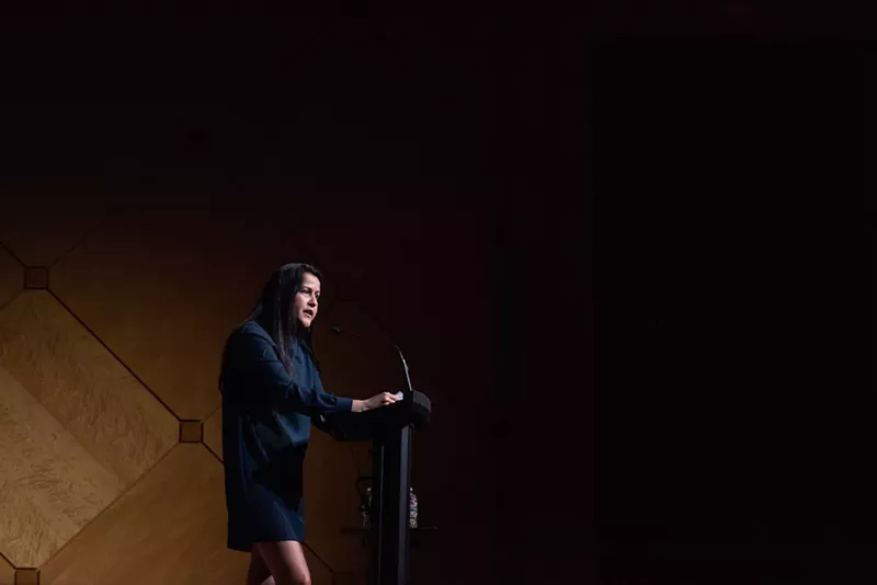 Image: Natalie Diaz speaks during the Center for Imagination in the Borderlands launch event on January 23.